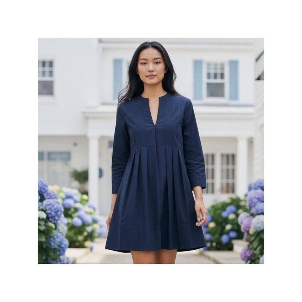 Tuckernuck Dress Royal Navy Blue Cotton Pleated Mini Split Neck XS Lagenlook